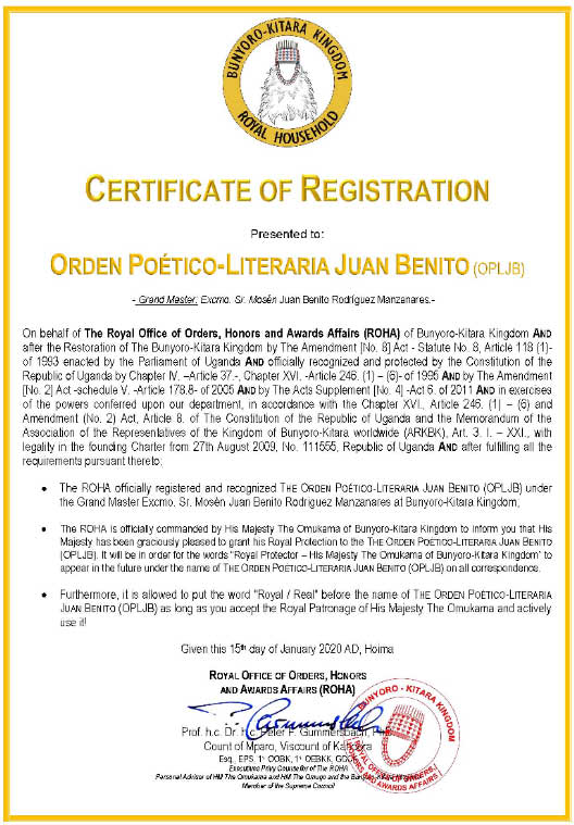Certificado de registro Real Orden