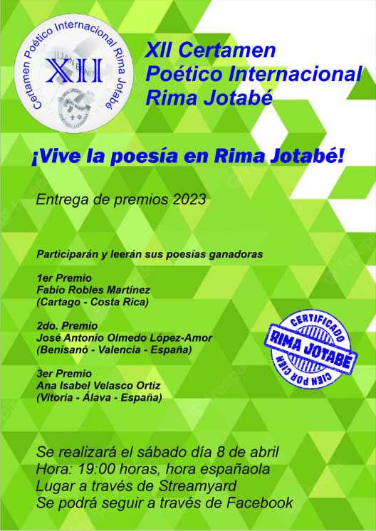 Anuncio de la entrega de premios del XII Certamen Poético Internacional Rima Jotabé