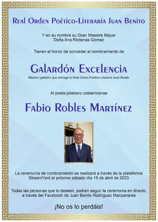 Cartel anunciador del nombramiento de Fabio Robles Martínez como Galardón Excelencia